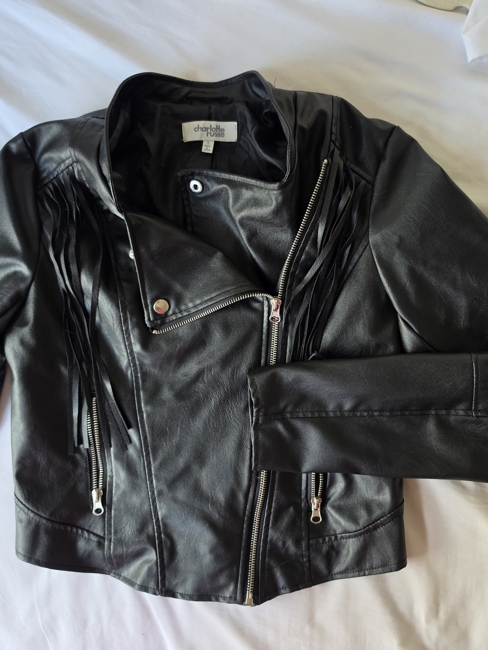 Charlotte Russe Black Faux Leather Biker Jacket W/ Fringe Size Small Y2K Western